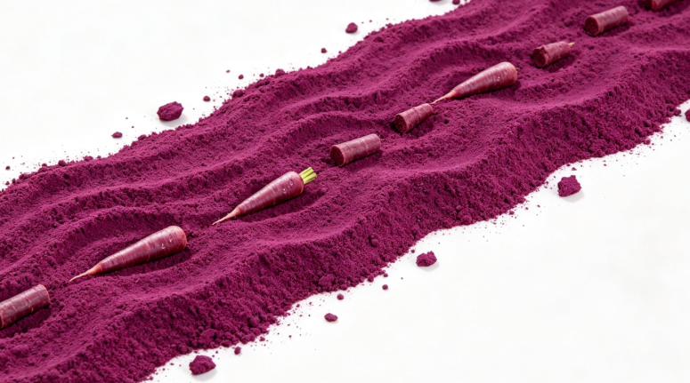 Purple carrot fruit macro photography spray‑dried juice powder